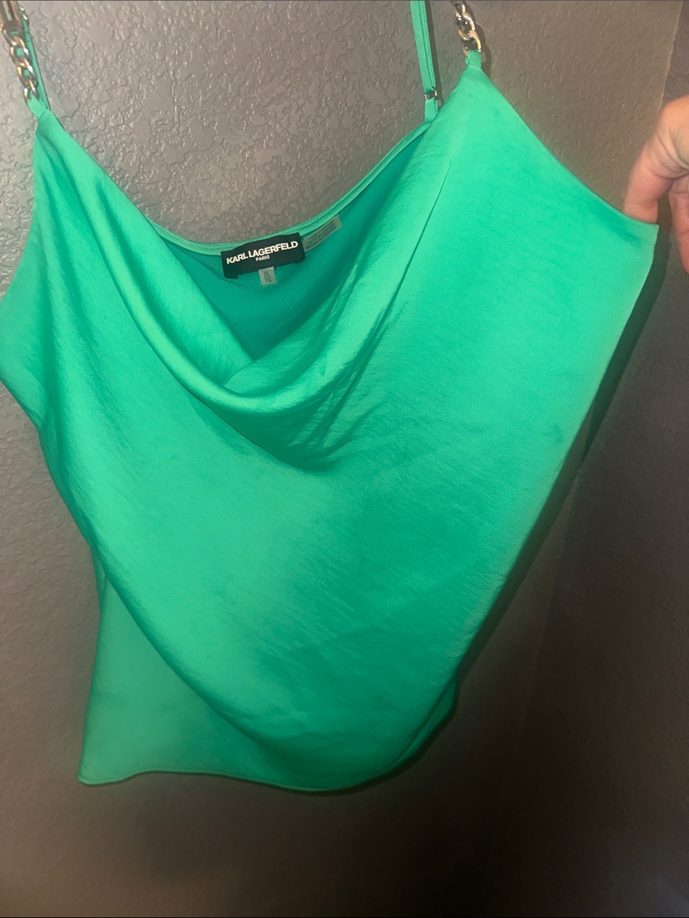 KARL LAGERFELD Emerald Green Cowl Neck Camisole with Chain Straps - Picture 6 of 8